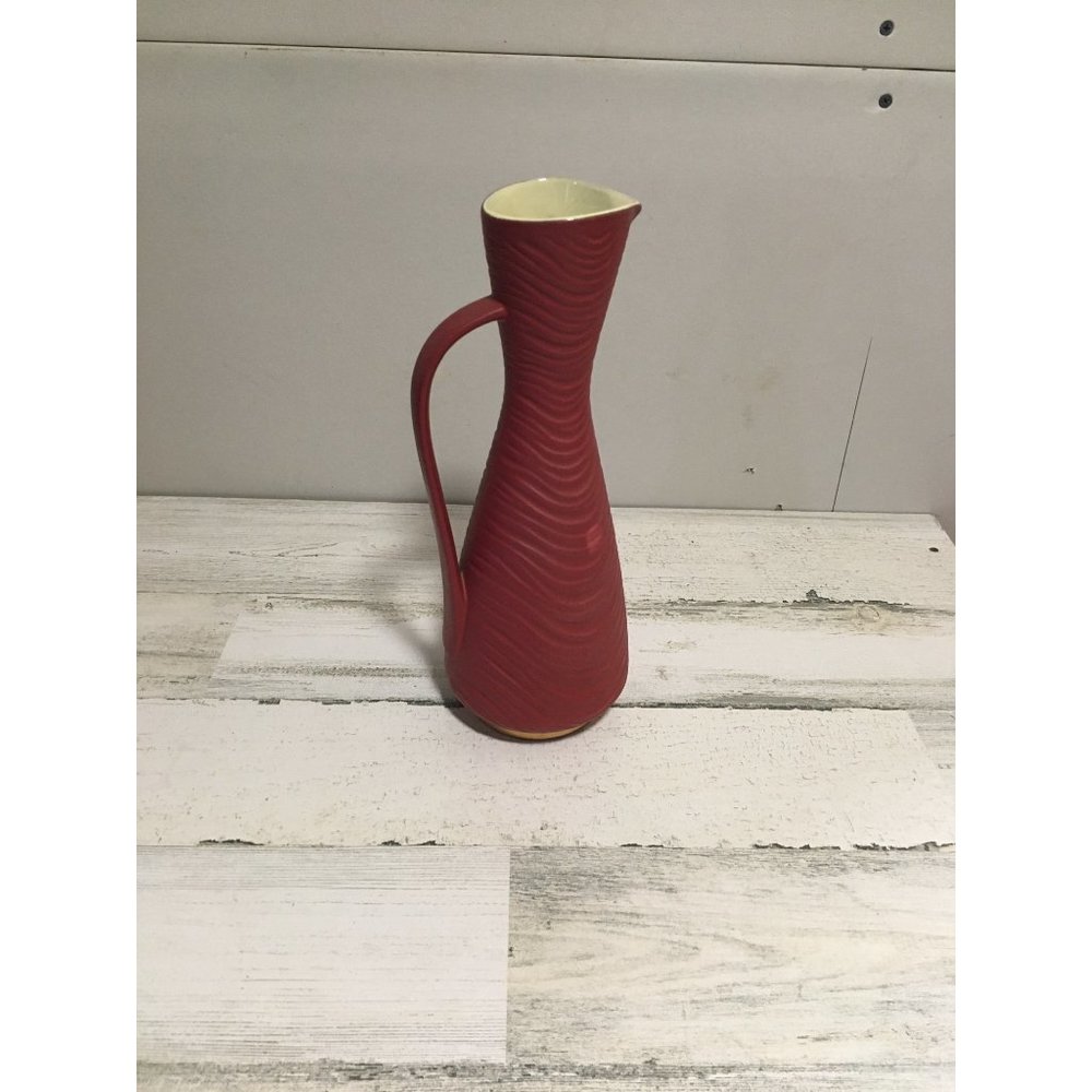 W. Germany wavy ringed red yellow pottery pitcher ‘60’s MCM vintage